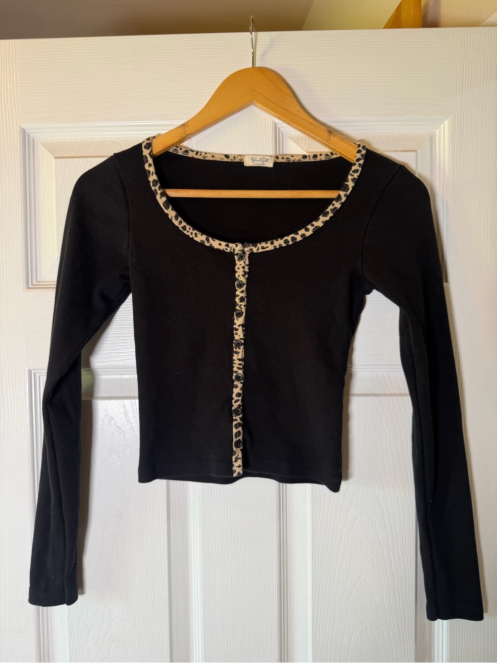 Brandy Melville Black Long Sleeve Scoop Top with Leopard Trim